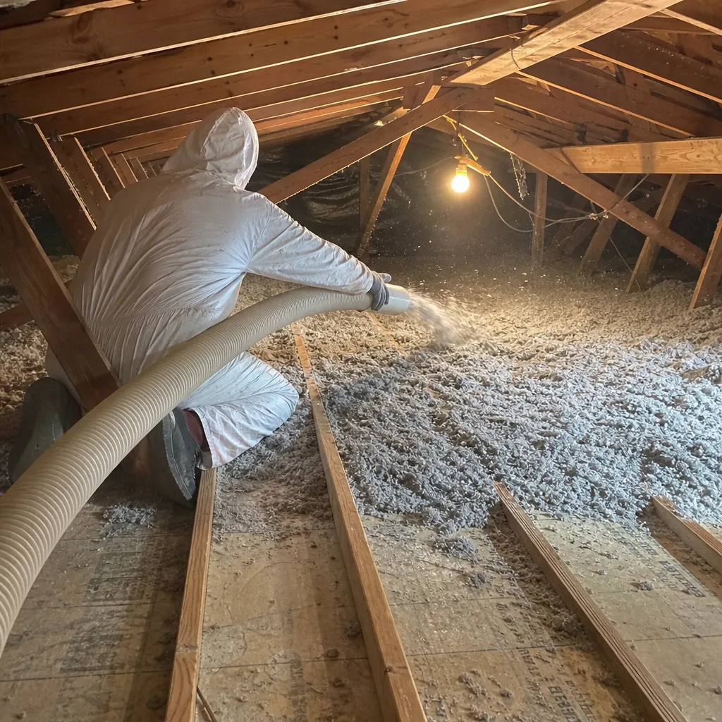 Professional technician installing blown-in attic insulation in a wooden roof structure