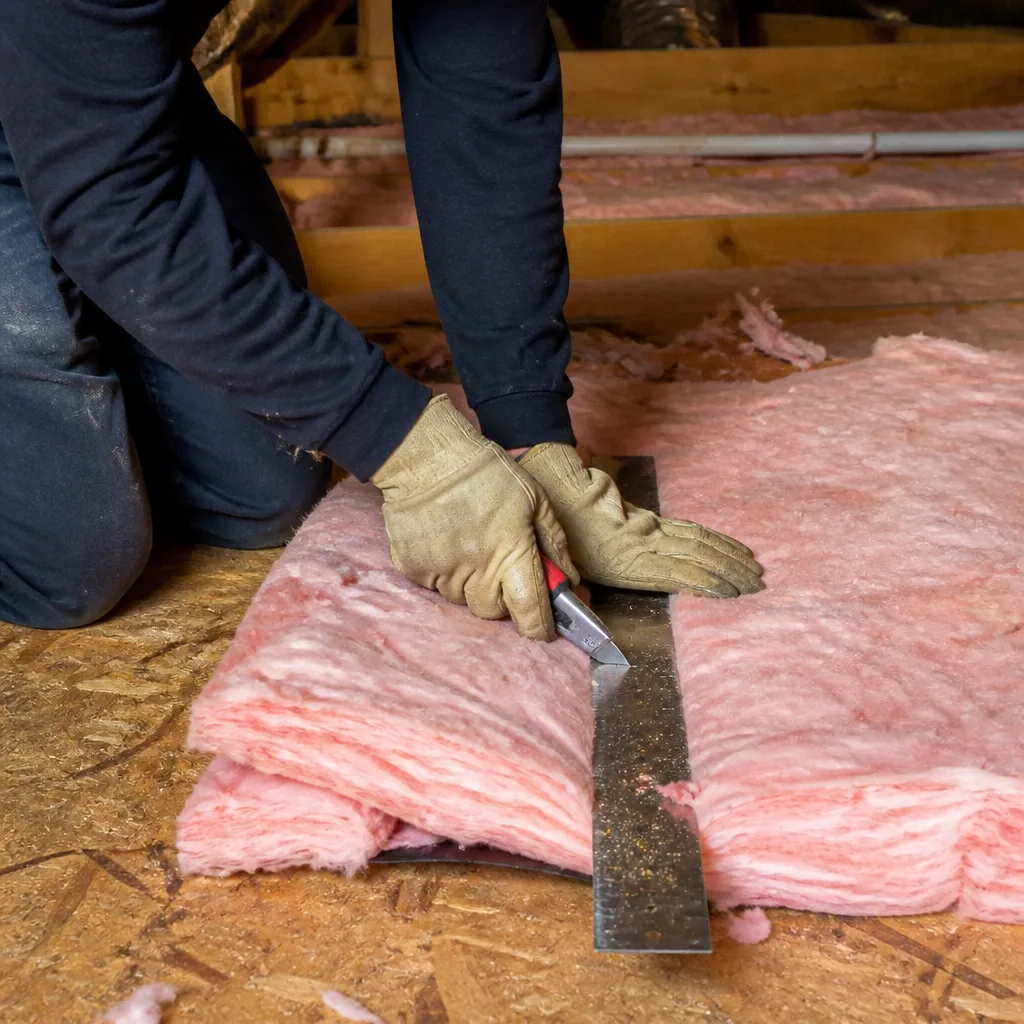 Worker cutting pink fiberglass attic insulation with utility knife and guide