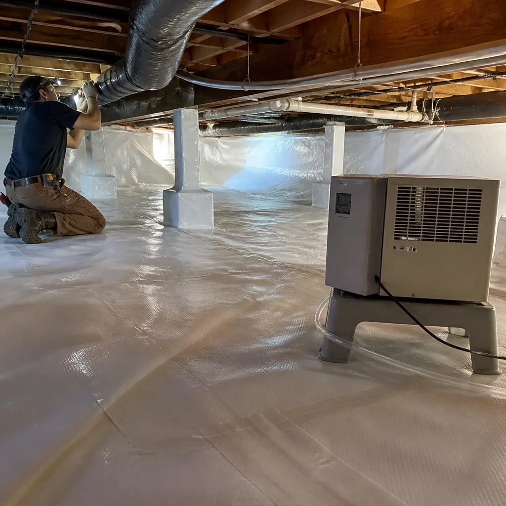 Technician installing professional crawl space encapsulation and vapor barrier system