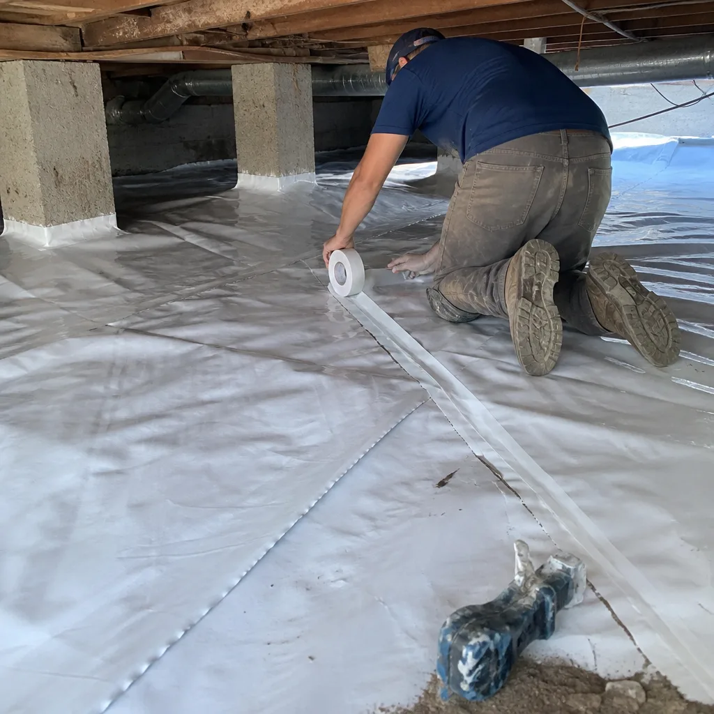 Technician installing white vapor barrier in crawl space for moisture control