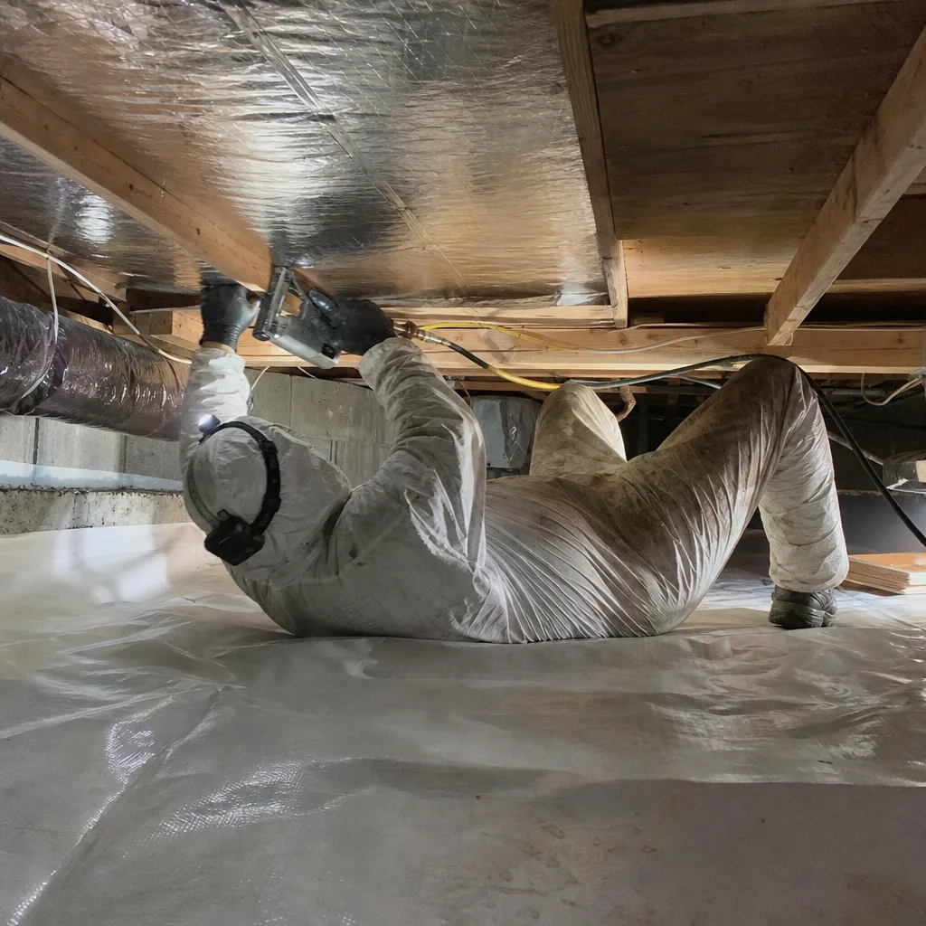 Contractor installing crawl space vapor barrier insulation in a home crawlspace