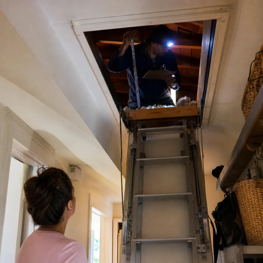 Technician measuring attic insulation during a professional home energy audit