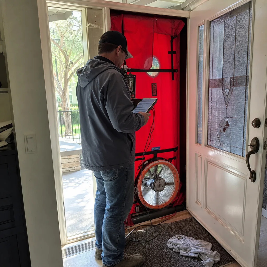 Technician performing a residential home energy blower door audit test